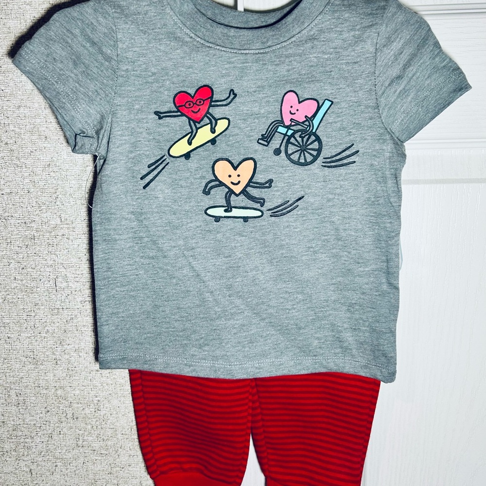 Gray T-Shirt with Heart Characters and Red Striped Pants